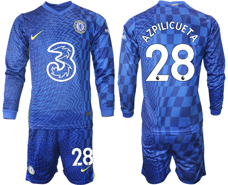 Cheap Men 2021-2022 Club Chelsea home blue Long Sleeve 28 Soccer Jersey